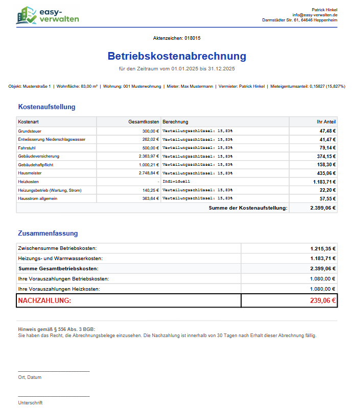 Beispiel einer professionellen Betriebskostenabrechnung - erstellt mit easy-verwalten.de